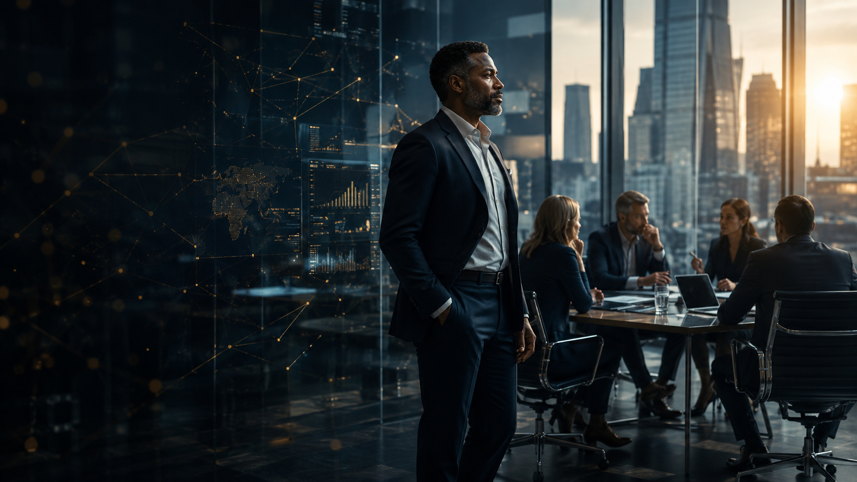 A senior leader standing beside colleagues during a strategy meeting.