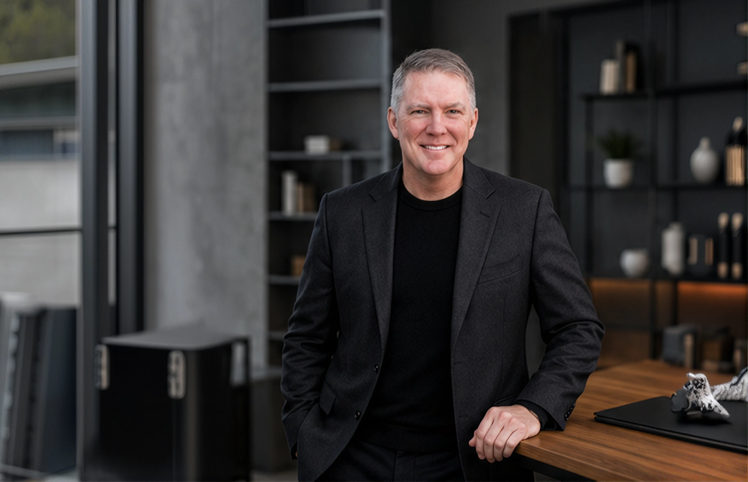Dan Roberts in a black jacket standing in a modern office.