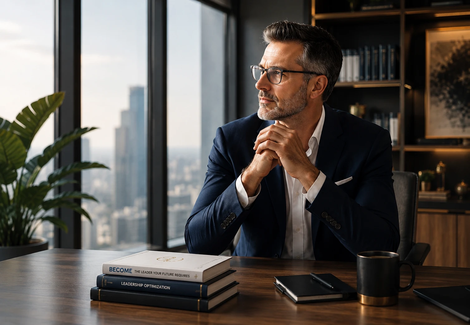 A senior leader reflecting at a desk beside a stack of leadership books.