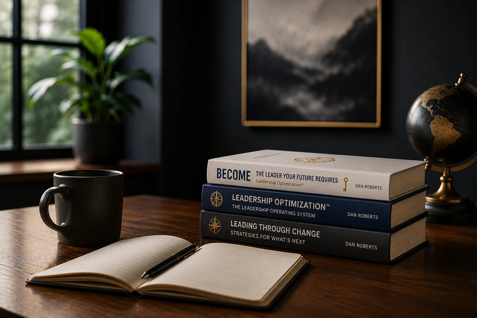 Three leadership books beside an open notebook in a thoughtful workspace.