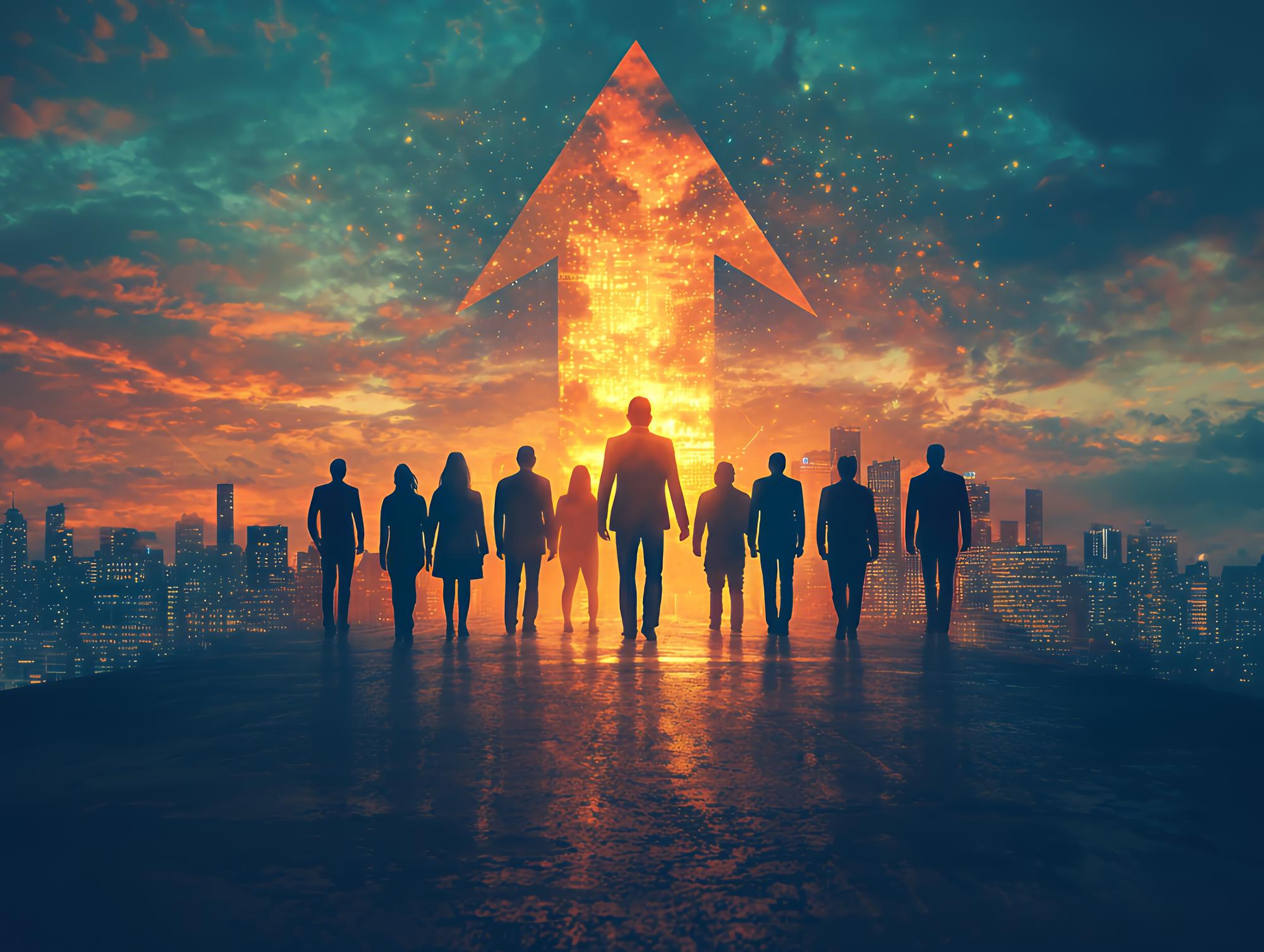 Leaders looking toward a city skyline beneath a glowing upward arrow.