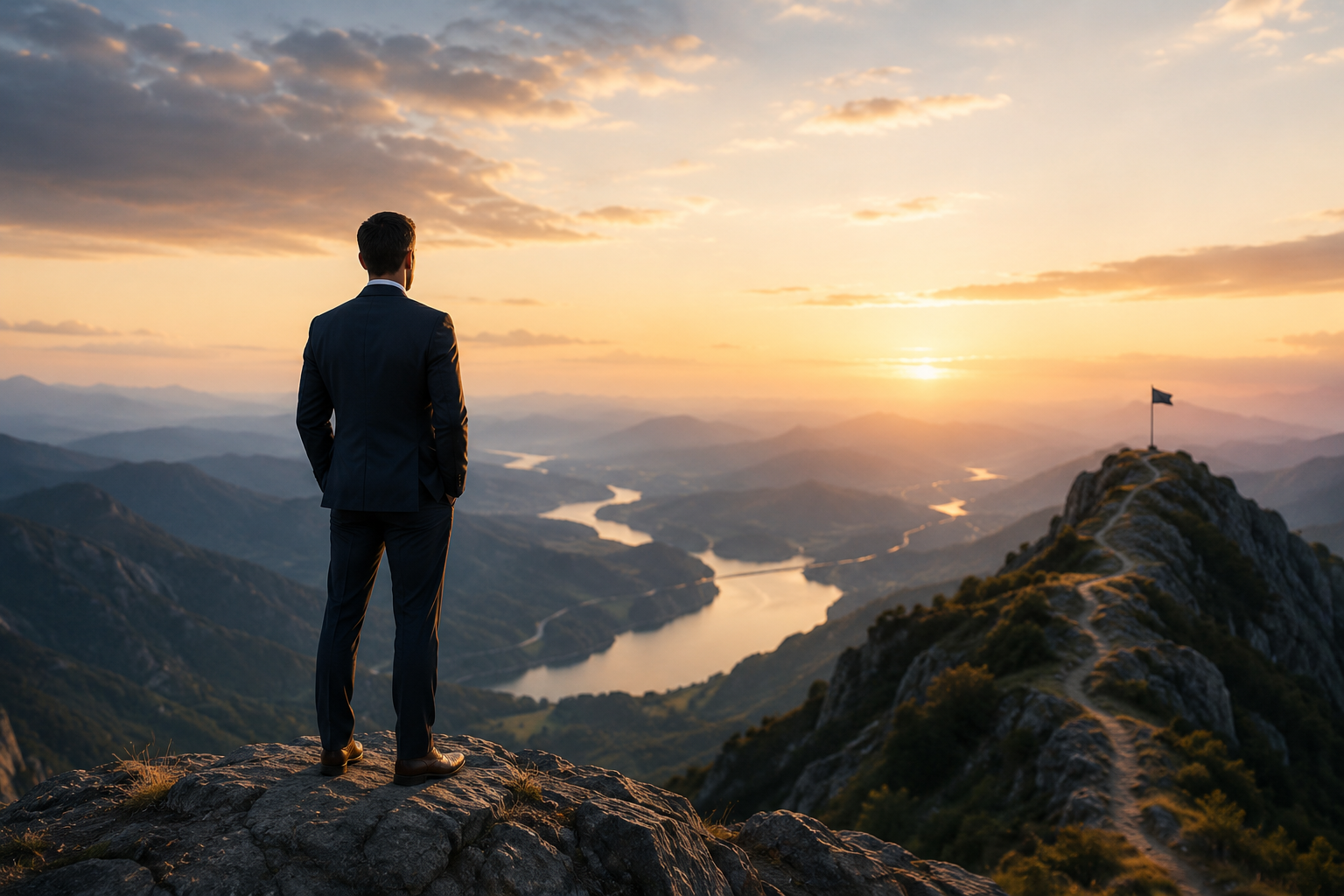 A business leader overlooking a mountain valley at sunrise.