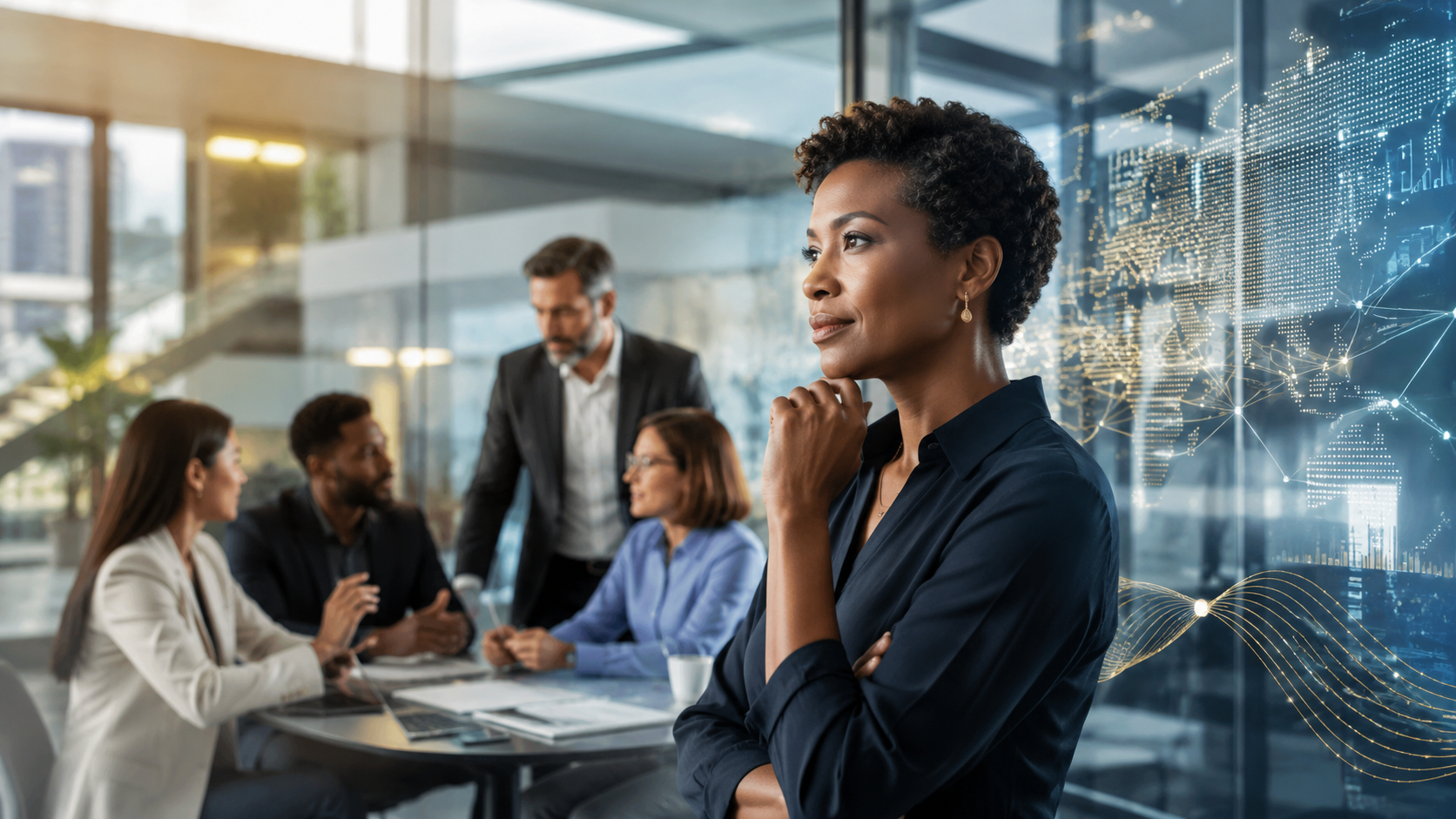 A thoughtful leader in the foreground as colleagues discuss work in a meeting.