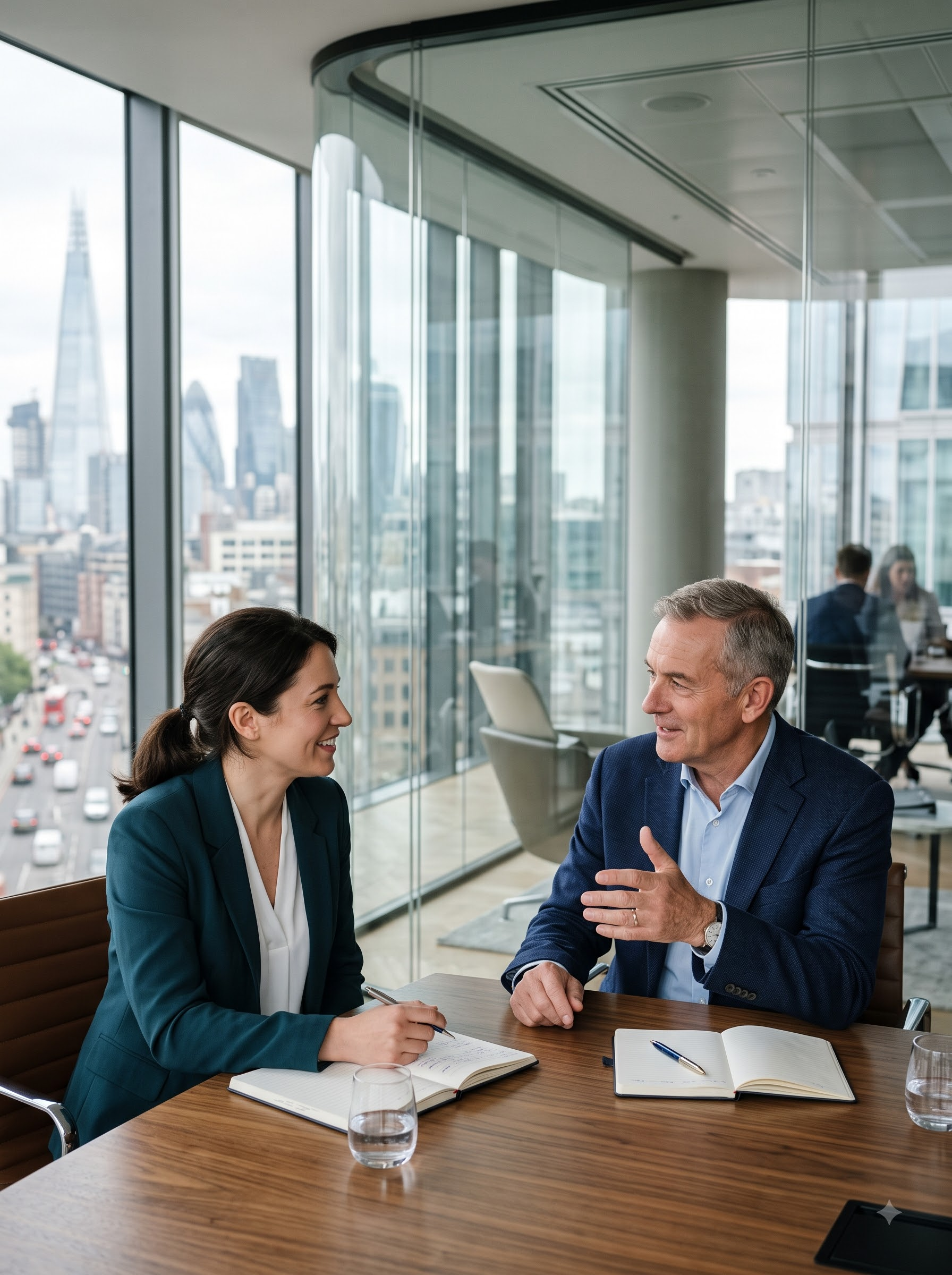 Two senior leaders discussing strategy in an office.