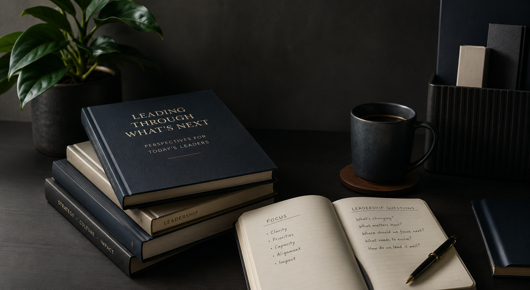 Leadership books, an open notebook, and a coffee cup on a dark workspace.