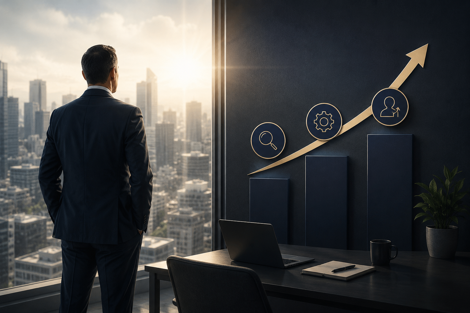 A leader overlooking a city beside an upward chart representing strategic growth.